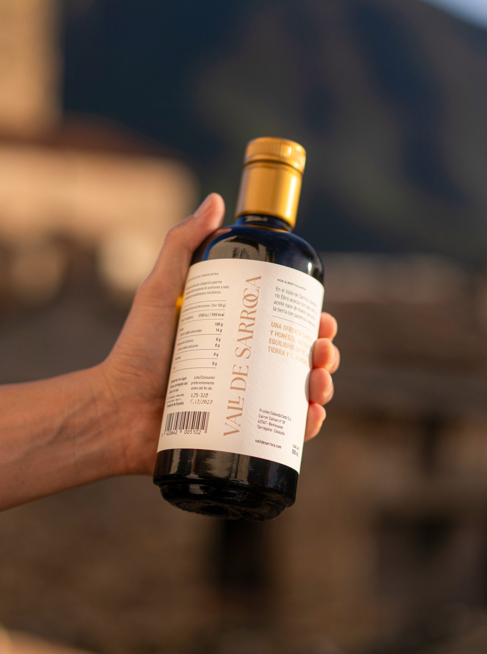 Parte posterior de Botella de Cristal de AOVE de VALL DE SARROCA